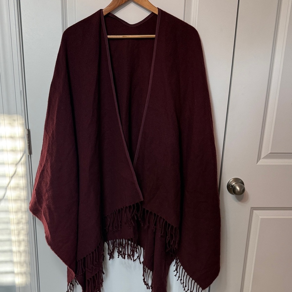 Ann Taylor Deep Red cranberry Fringe Poncho Shawl